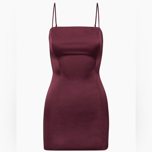 Sunday Best Shimmer Satin Square Neck 90s Style Mini Dress in Spiced Burgundy - Picture 6 of 17